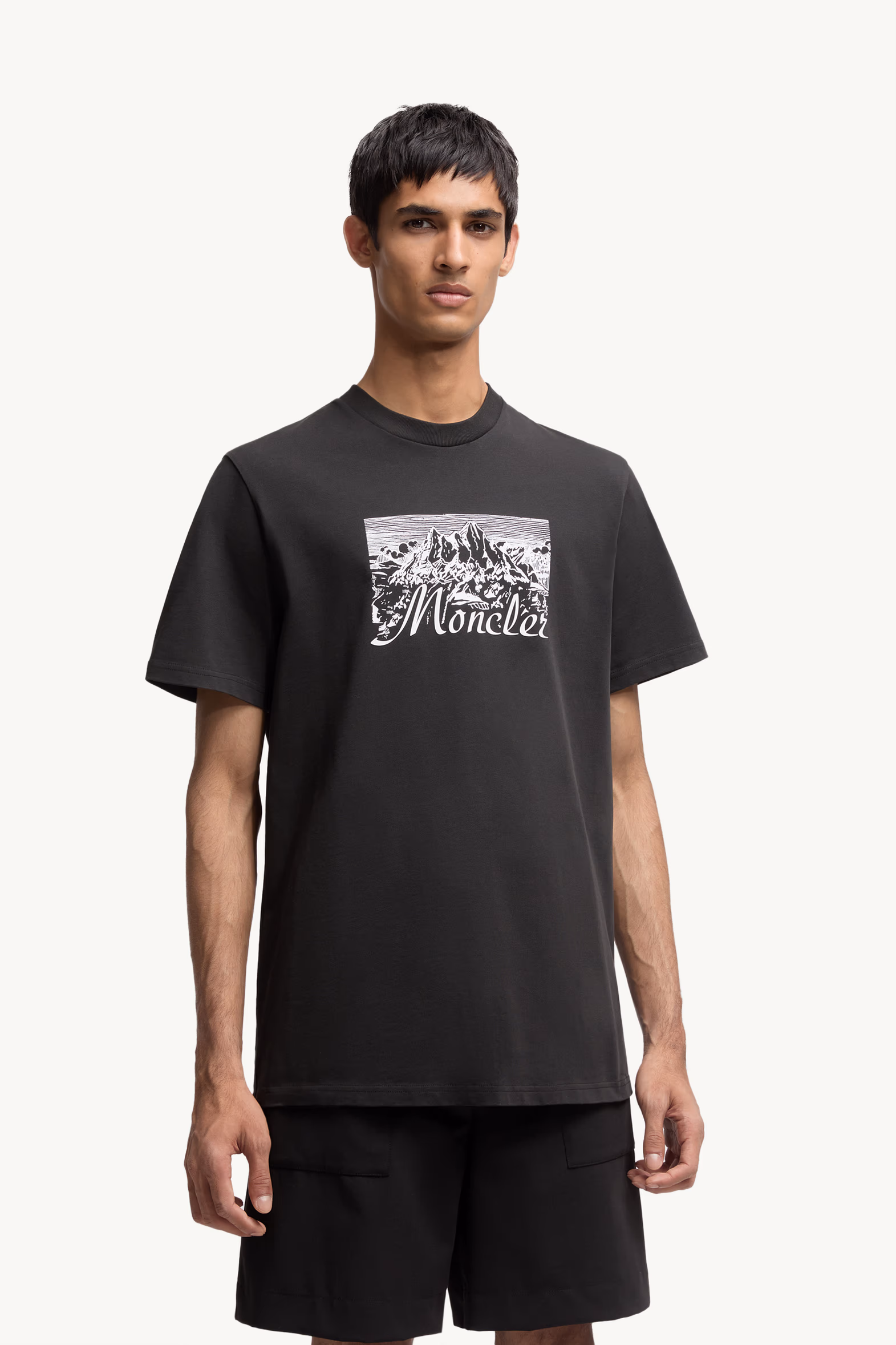 Camiseta de algodón con logotipo de montaña Hombre Negro Moncler 3